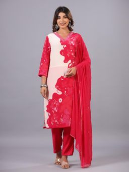 Amchoor - Pink Bandhani Print Mirror Work Kurta with Pant and Dupatta (Set of 3)
