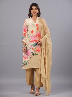 Amchoor - Cream Floral Print Mirror Work Kurta with Pant and Dupatta (Set of 3)