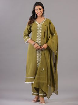 Amchoor - Olive Embroidered Kurta with Pant and Dupatta (Set of 3)
