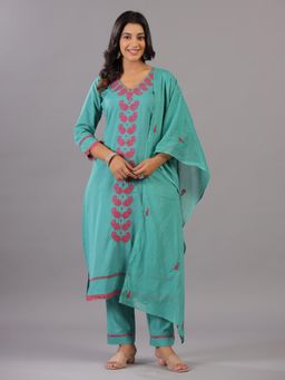 Amchoor - Persian Green Embroidered Kurta with Pant and Dupatta (Set of 3)