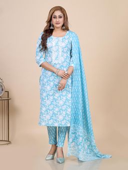 Amchoor - Aqua Blue Floral Print Thread Work Kurta with Pant and Dupatta (Set of 3)