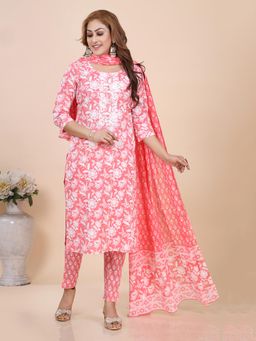 Amchoor - Peach Floral Print Thread Work Kurta with Pant and Dupatta (Set of 3)