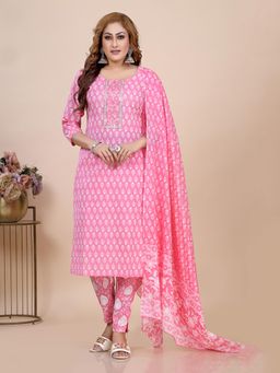 Amchoor - Pink Floral Print Sequence Embroidered Kurta with Pant and Dupatta (Set of 3)