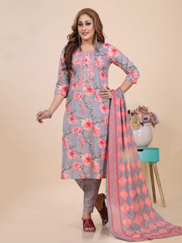 Amchoor - Grey Floral Print Embroidered Kurta with Pant and Dupatta (Set of 3)