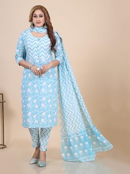 Amchoor - Aqua Blue Floral Print Gota Patti Kurta with Pant and Dupatta (Set of 3)