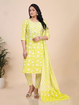 Amchoor - Lime Green Floral Print Gota Patti Kurta with Pant and Dupatta (Set of 3)