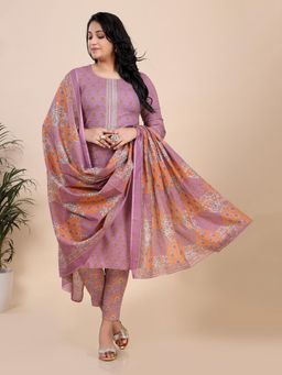 Amchoor - Dusty Purple Floral Print Kurta with Pant and Dupatta (Set of 3)