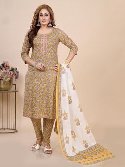 Amchoor - Mustard Floral Print Kurta with Pant and Dupatta (Set of 3)