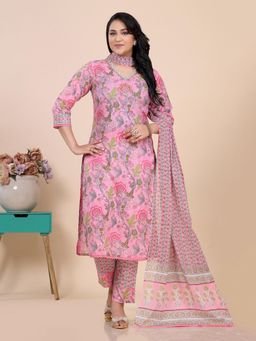 Amchoor - Pink Floral Print with Beads Kurta with Pant and Dupatta (Set of 3)