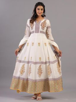 Amchoor - Cream Floral Print Anarkali Kurta with Pant and Dupatta (Set of 3)