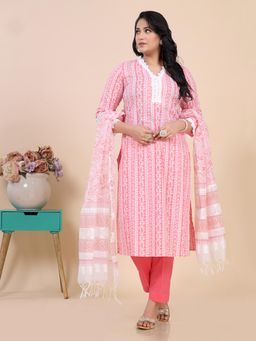 Amchoor - Peach Floral Stripe Print Kurta with Pant and Dupatta (Set of 3)
