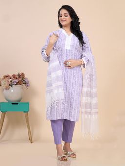 Amchoor - Purple Floral Stripe Print Kurta with Pant and Dupatta (Set of 3)