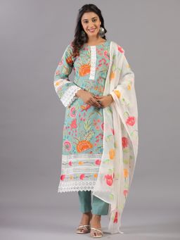 Amchoor - Green Floral Print Lace Work Kurta with Pant and Dupatta (Set of 3)