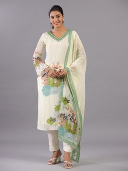 Amchoor - Cream Botanical Print Kurta with Pant and Dupatta (Set of 3)