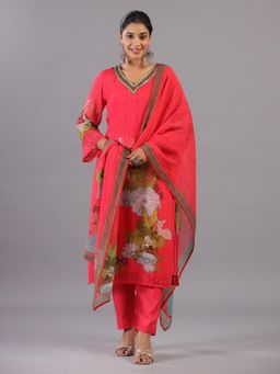 Amchoor - Magenta Botanical Print Kurta with Pant and Dupatta (Set of 3)