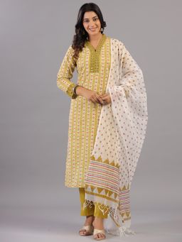 Amchoor - Green Vertical Stripe Print Kurta with Pant and Dupatta (Set of 3)
