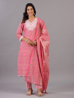 Amchoor - Pink Leaf Print Embroidered Kurta with Pant and Dupatta (Set of 3)