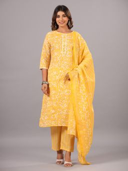 Amchoor - Mustard Printed Kurta with Pant and Dupatta (Set of 3)
