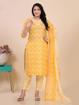 Amchoor - Crome Yellow Floral Print Mirror Work Kurta with Pant and Dupatta (Set of 3)