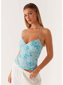 Outzidr - Blue Spaghetti Strap Embellished Camisole