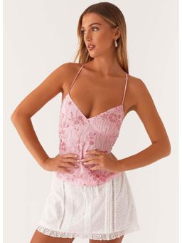 Outzidr - Pink Spaghetti Strap Embellished Camisole