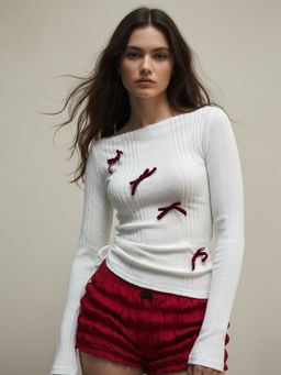 Outzidr - White Ribbed Full Sleeve Bow Detail Top