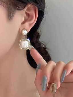 Jewels Galaxy - Gold Plated Amazing Korean Square Ad-Pearl Drop Earrings