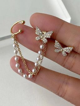 Jewels Galaxy - Gold Plated Fashionable Korean Butterfly Pearl Mismatch Earrings
