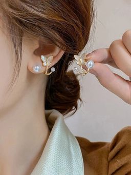 Jewels Galaxy - Gold Plated Korean Dual Pearl Butterfly Stud Earrings