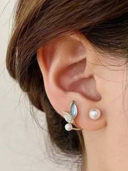 Jewels Galaxy - Gold Plated Fashionable Korean Leaf Inspired Pearl Stud Earrings