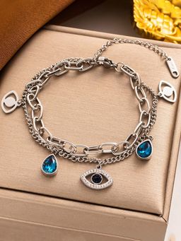 Jewels Galaxy - Silver Plated Stainless Steel Anti Tarnish Crystal Studded Evil Eye Bracelet