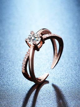 Jewels Galaxy - Rose Gold Plated American Diamond Studded Cross Shape Adjustable Finger Ring