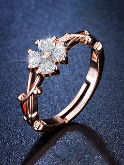 Jewels Galaxy - Rose Gold Plated American Diamond Studded Floral Anti Tarnish Adjustable Finger Ring