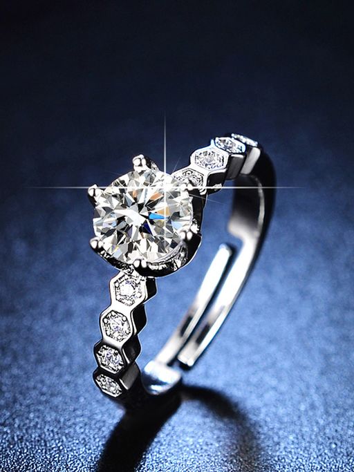 Jewels Galaxy Silver Plated American Diamond Studded Hexagonal Adjustable Finger Ring
