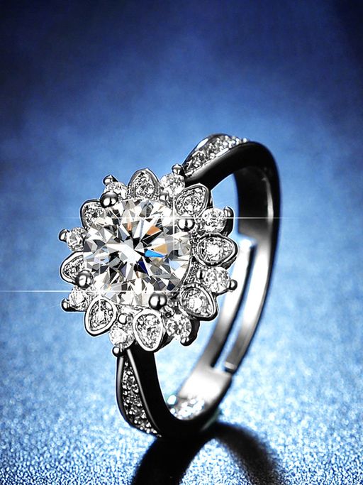 Jewels Galaxy Silver Plated American Diamond Studded Floral Anti Tarnish Adjustable Finger Ring