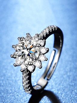 Jewels Galaxy - Silver Plated American Diamond Studded Floral Anti Tarnish Adjustable Finger Ring