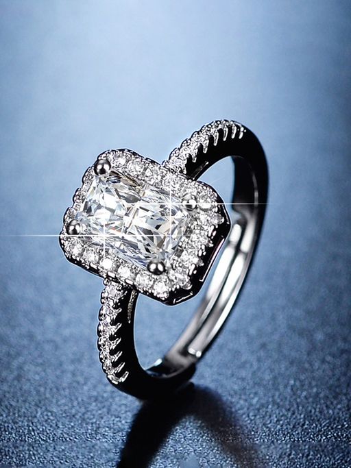 Jewels Galaxy Silver Plated American Diamond Studded Rectangular Adjustable Finger Ring