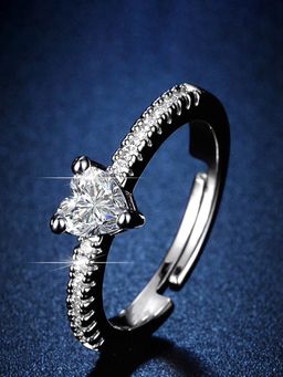 Jewels Galaxy - Silver Plated American Diamond Studded Heart Themed Adjustable Finger Ring