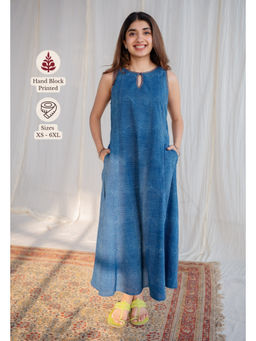 The Indian Ethnic Co. - Blue A-Line Dabu Printed Cotton Embroidered Dress