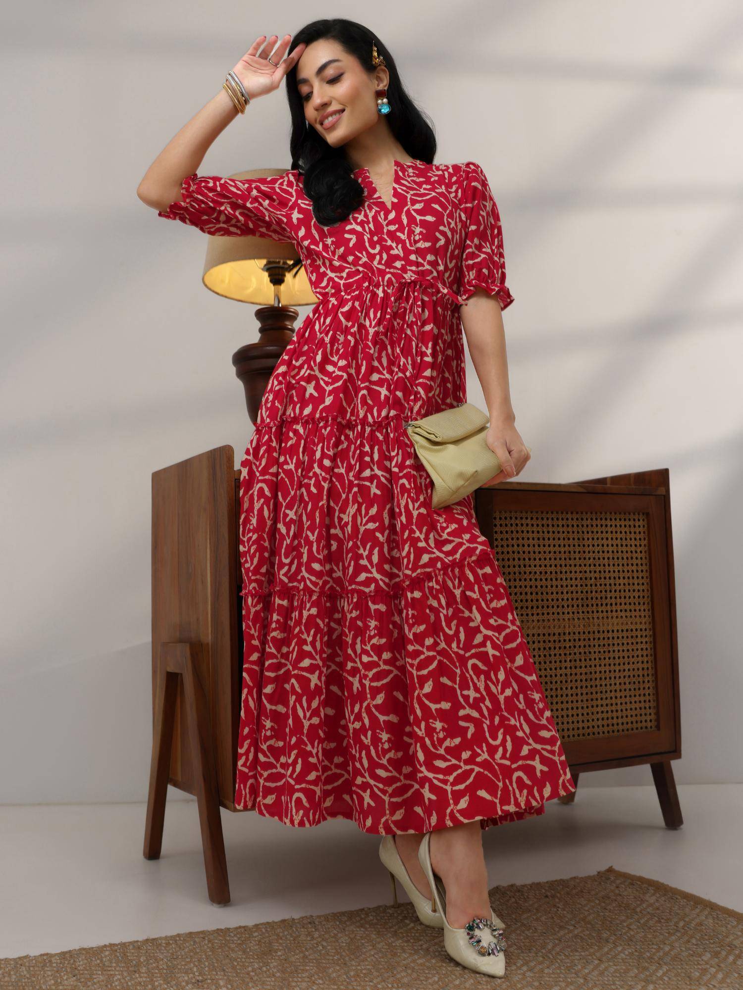 libas Printed Cotton Fit and Flare Dresses for Women- Red-picture-42