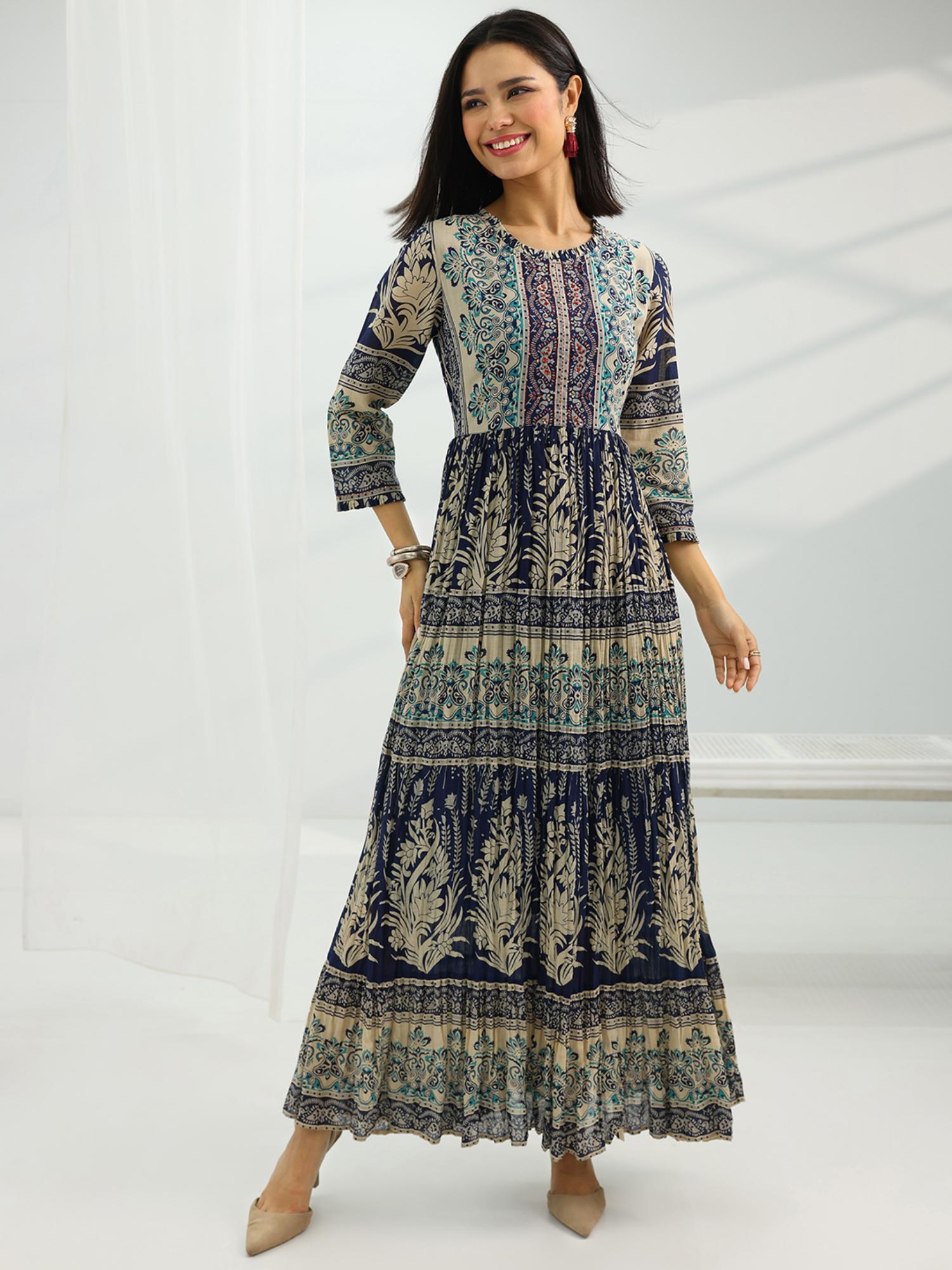 libas Printed Cotton Fit and Flare Dresses for Women- Blue-picture-17