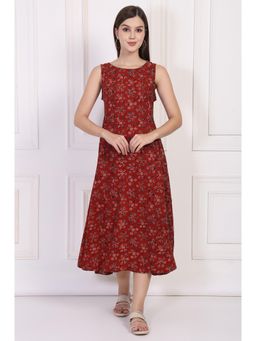 Folksong - Women's Maroon Floral Printed Cotton A-Line Dress