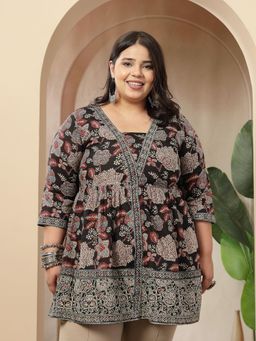 Stylum - Women's Plus Size Black Floral Printed Cotton Peplum Tunic