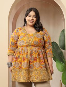 Stylum - Women's Plus Size Mustard Floral Printed Cotton Peplum Tunic