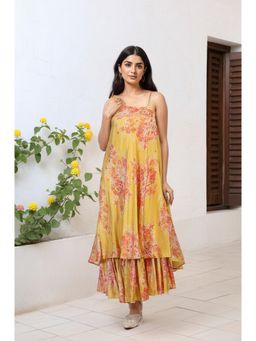 W - Yellow Ethnic Motifs Zari Fit and Flare Tissue Dress