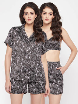 Clovia - Satin Printed Top and Shorts Set (3XL)