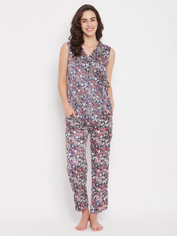 Clovia - Satin Printed Top and Pyjama Set (3XL)