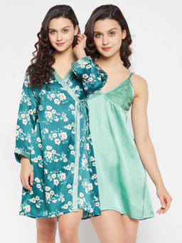 Clovia - Satin Printed Short Night Dress and Robe (3XL)