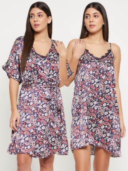 Clovia - Satin Printed Short Night Dress and Robe (3XL)