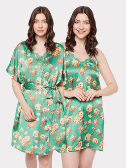 Clovia - Satin Printed Short Night Dress and Robe (3XL)